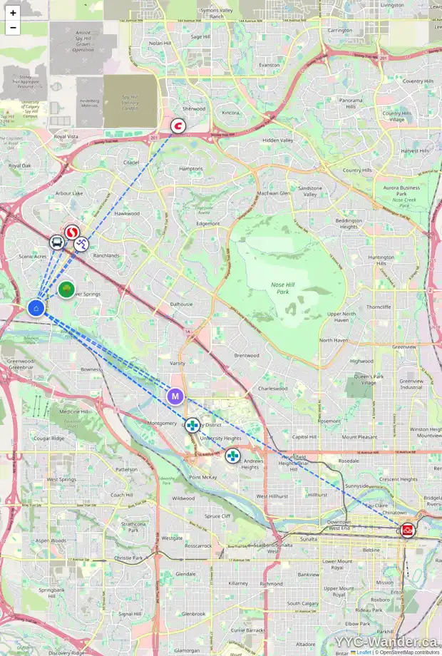 Daily accessibility map for 40 SCIMITAR VW NW, Calgary showing nearby schools, grocery stores, parks, LRT stations and nearby amenities