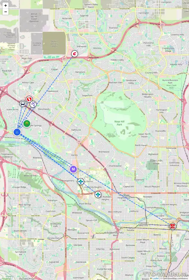 Daily accessibility map for 116 SCIMITAR HE NW, Calgary showing nearby schools, grocery stores, parks, LRT stations and nearby amenities