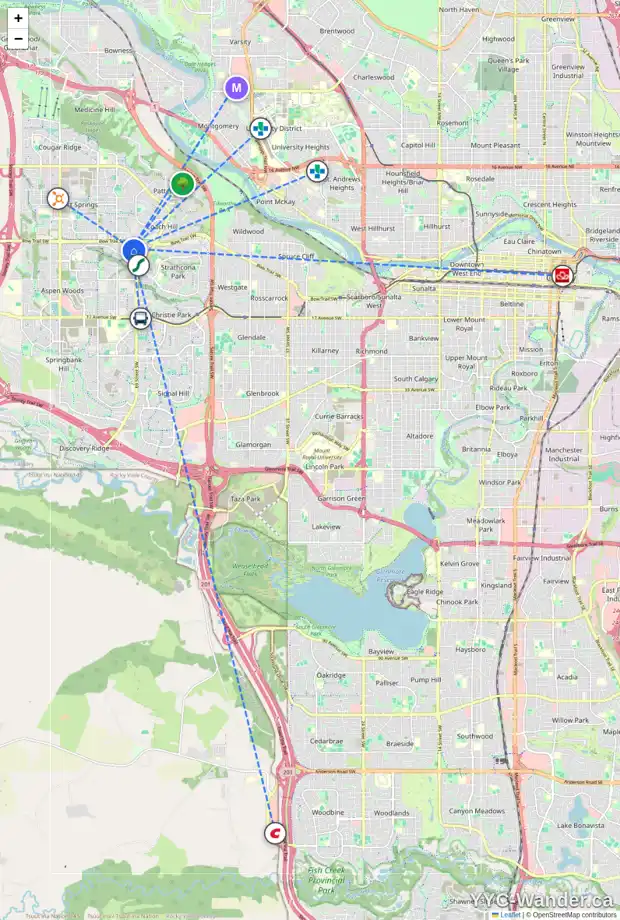 Daily accessibility map for 182 STRATHRIDGE CL SW, Calgary showing nearby schools, grocery stores, parks, LRT stations and nearby amenities