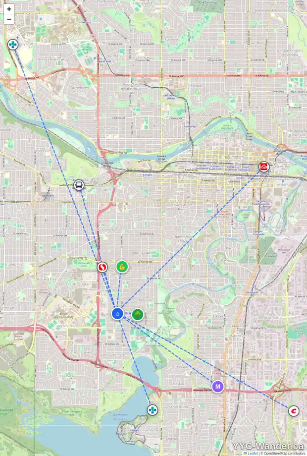 Daily accessibility map for 46 QUENTIN PL SW, Calgary showing nearby schools, grocery stores, parks, LRT stations and nearby amenities