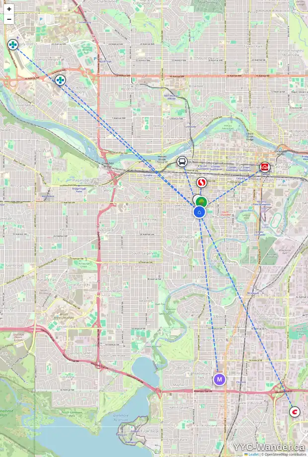 Daily accessibility map for 106 835 19 AV SW, Calgary showing nearby schools, grocery stores, parks, LRT stations and nearby amenities