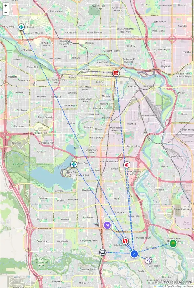 Daily accessibility map for 13039 LAKE TWINTREE RD SE, Calgary showing nearby schools, grocery stores, parks, LRT stations and nearby amenities