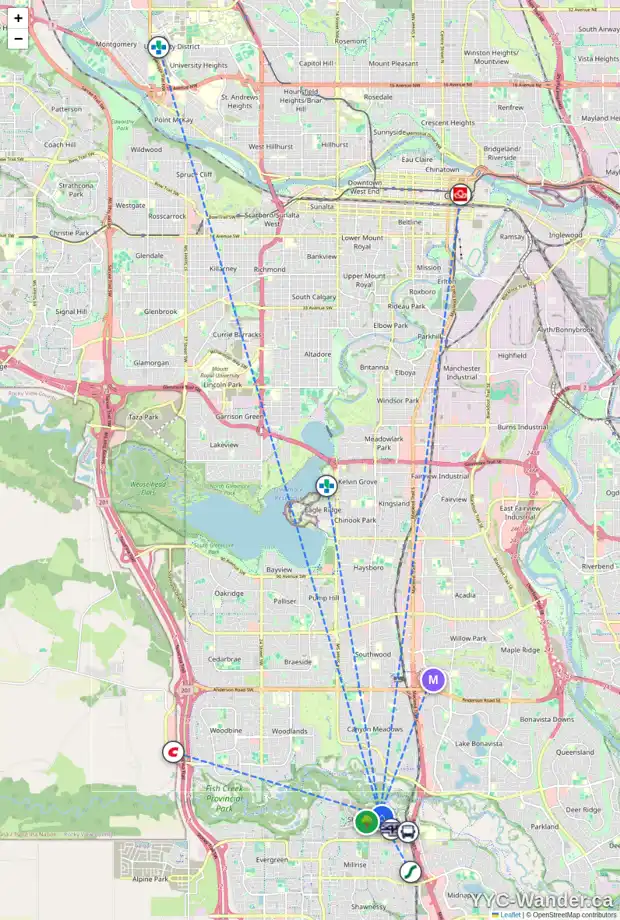 Daily accessibility map for 801 SHAWNEE DR SW, Calgary showing nearby schools, grocery stores, parks, LRT stations and nearby amenities
