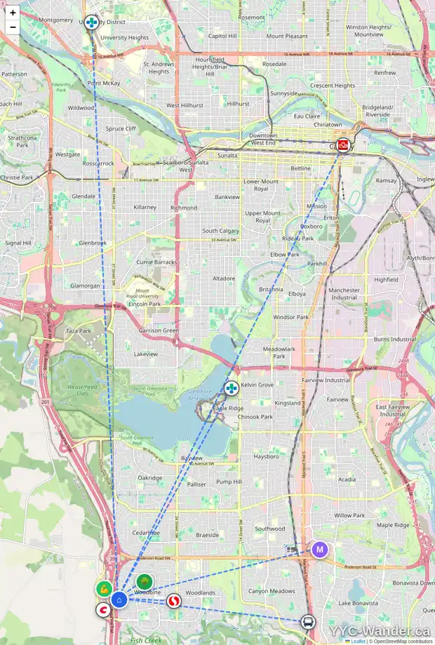 Daily accessibility map for 630 WOODBRIAR PL SW, Calgary showing nearby schools, grocery stores, parks, LRT stations and nearby amenities
