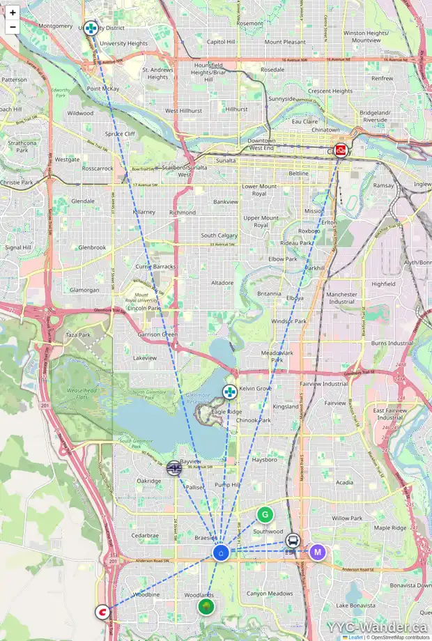 Daily accessibility map for 11240 BRANIFF RD SW, Calgary showing nearby schools, grocery stores, parks, LRT stations and nearby amenities