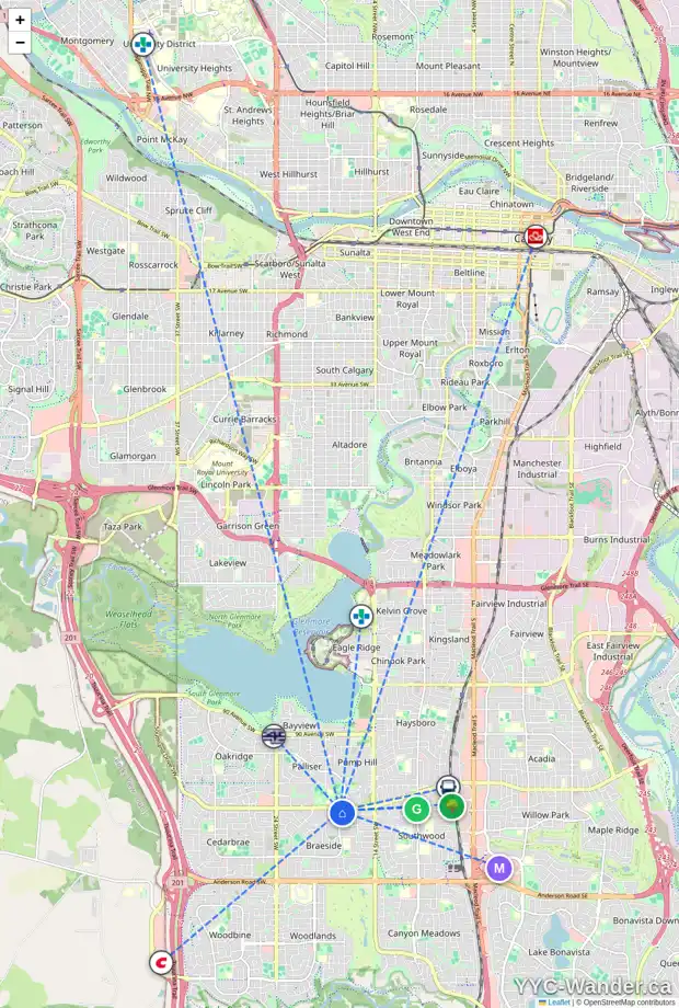 Daily accessibility map for 10318 BRAESIDE DR SW, Calgary showing nearby schools, grocery stores, parks, LRT stations and nearby amenities