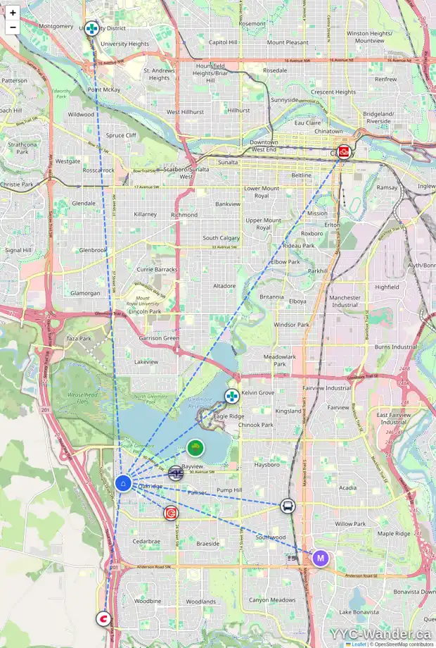 Daily accessibility map for 3370 OAKWOOD DR SW, Calgary showing nearby schools, grocery stores, parks, LRT stations and nearby amenities