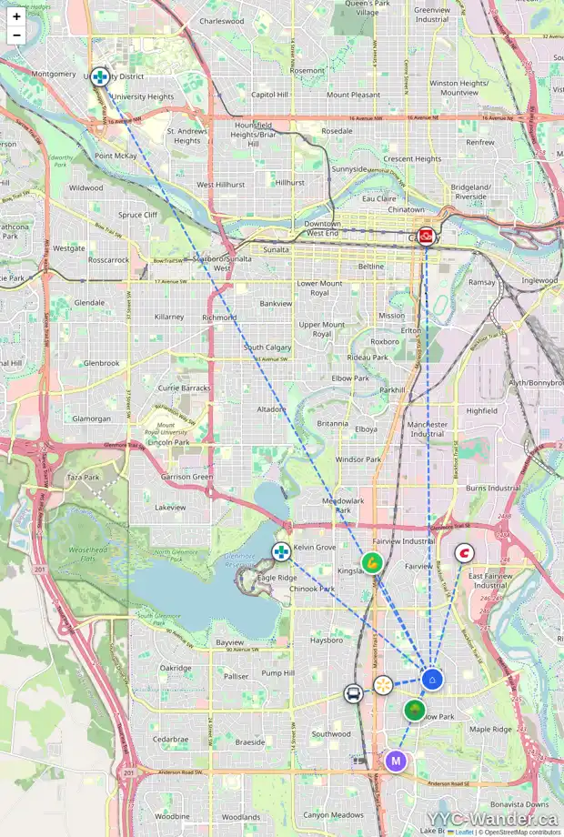 Daily accessibility map for 33 ATLANTA CR SE, Calgary showing nearby schools, grocery stores, parks, LRT stations and nearby amenities