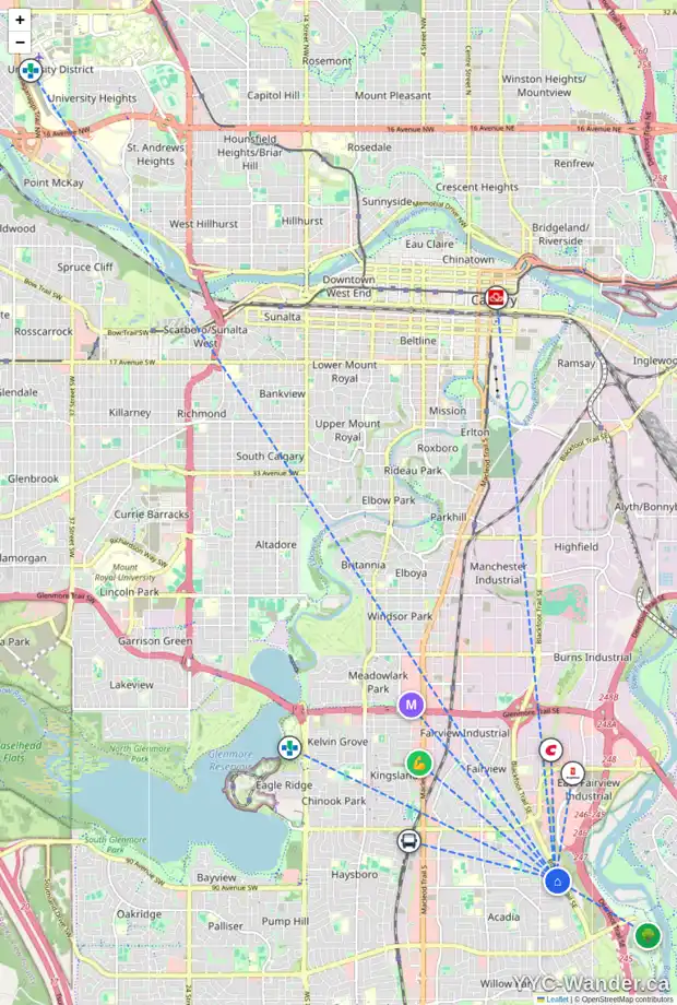 Daily accessibility map for 832 AVONLEA PL SE, Calgary showing nearby schools, grocery stores, parks, LRT stations and nearby amenities
