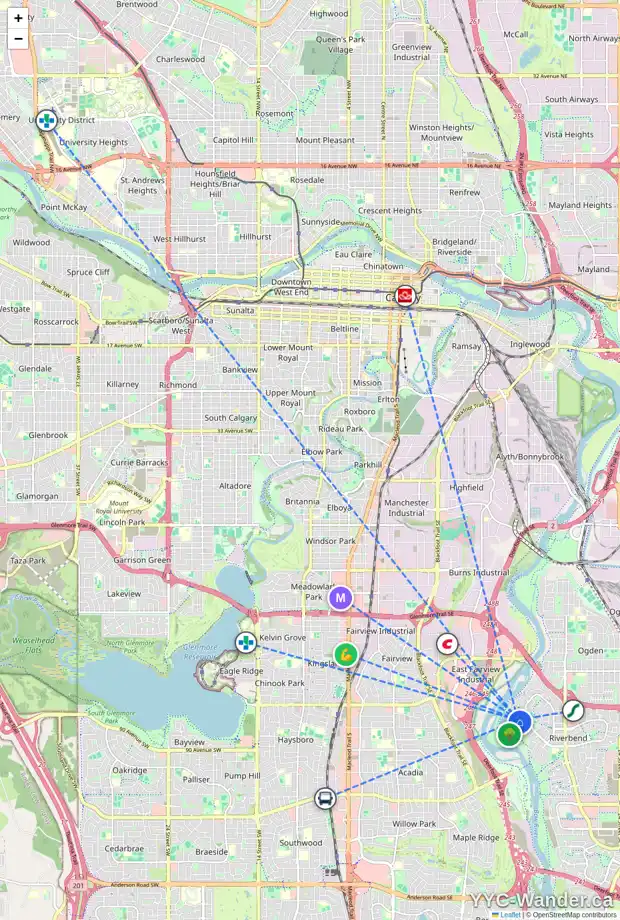 Daily accessibility map for 117 RIVERSIDE BA SE, Calgary showing nearby schools, grocery stores, parks, LRT stations and nearby amenities