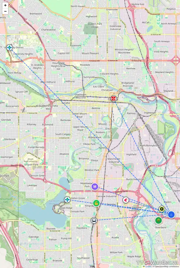 Daily accessibility map for 7845 22 ST SE, Calgary showing nearby schools, grocery stores, parks, LRT stations and nearby amenities