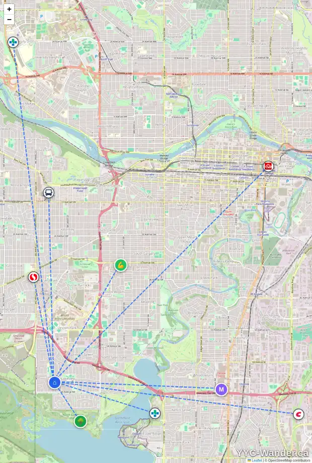 Daily accessibility map for 3431 62 AV SW, Calgary showing nearby schools, grocery stores, parks, LRT stations and nearby amenities