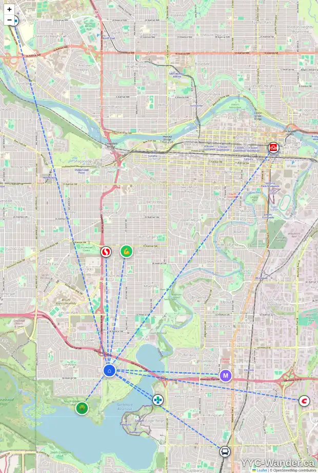 Daily accessibility map for 6503 LARKSPUR WY SW, Calgary showing nearby schools, grocery stores, parks, LRT stations and nearby amenities