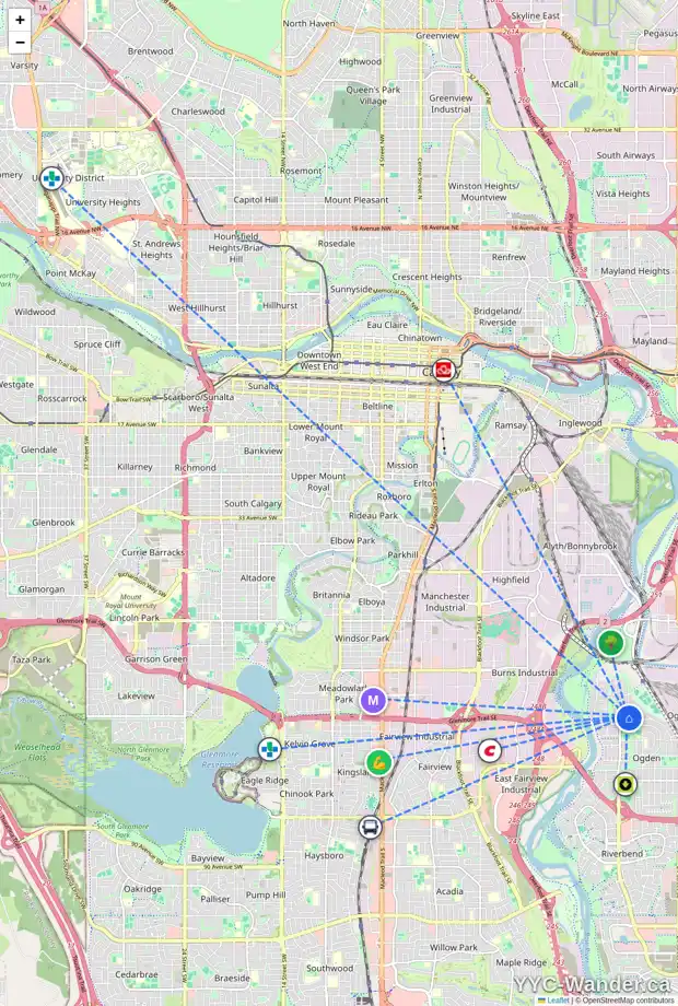 Daily accessibility map for 6633 19 ST SE, Calgary showing nearby schools, grocery stores, parks, LRT stations and nearby amenities