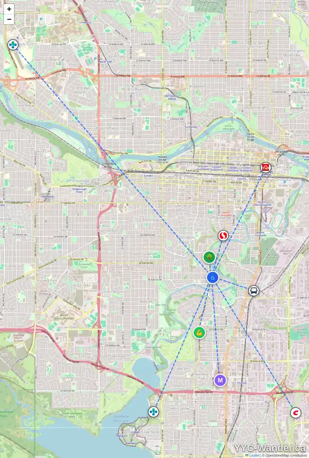 Daily accessibility map for 3821 5 ST SW, Calgary showing nearby schools, grocery stores, parks, LRT stations and nearby amenities