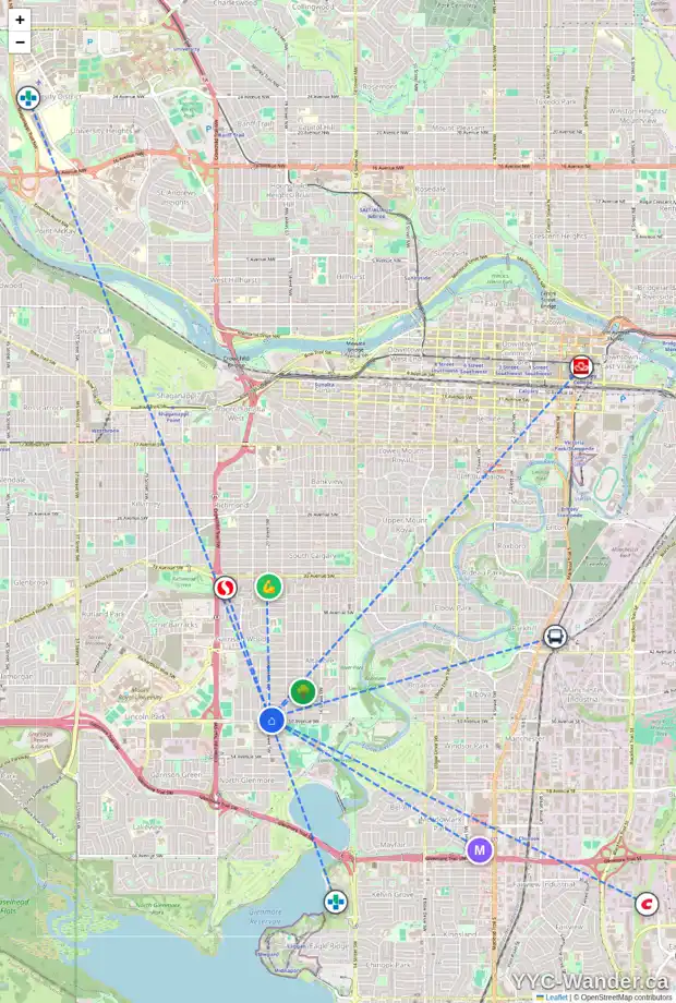 Daily accessibility map for 2048 50 AV SW, Calgary showing nearby schools, grocery stores, parks, LRT stations and nearby amenities