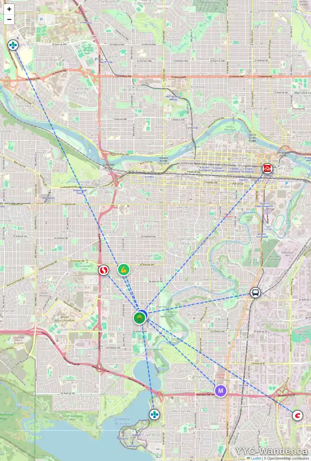 Daily accessibility map for 4624 17 ST SW, Calgary showing nearby schools, grocery stores, parks, LRT stations and nearby amenities
