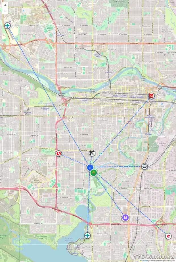 Daily accessibility map for 4115 14A ST SW, Calgary showing nearby schools, grocery stores, parks, LRT stations and nearby amenities