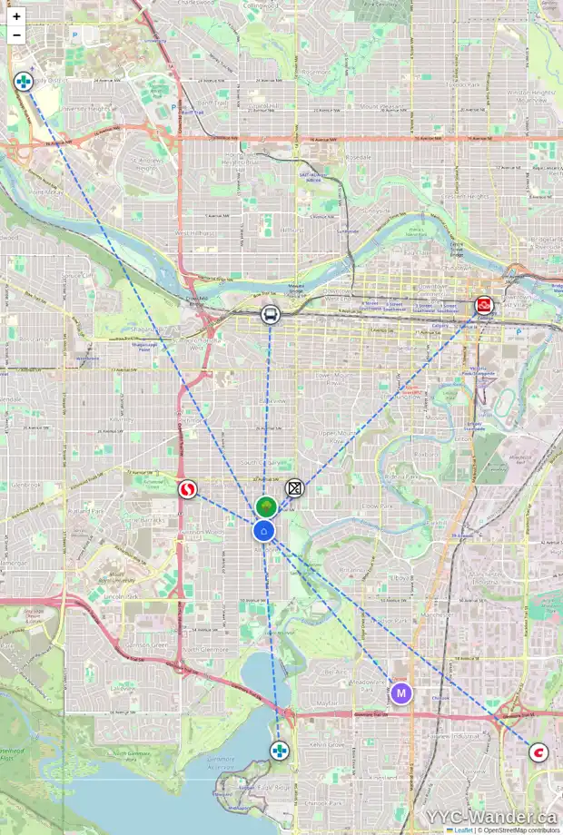 Daily accessibility map for 4112 16A ST SW, Calgary showing nearby schools, grocery stores, parks, LRT stations and nearby amenities