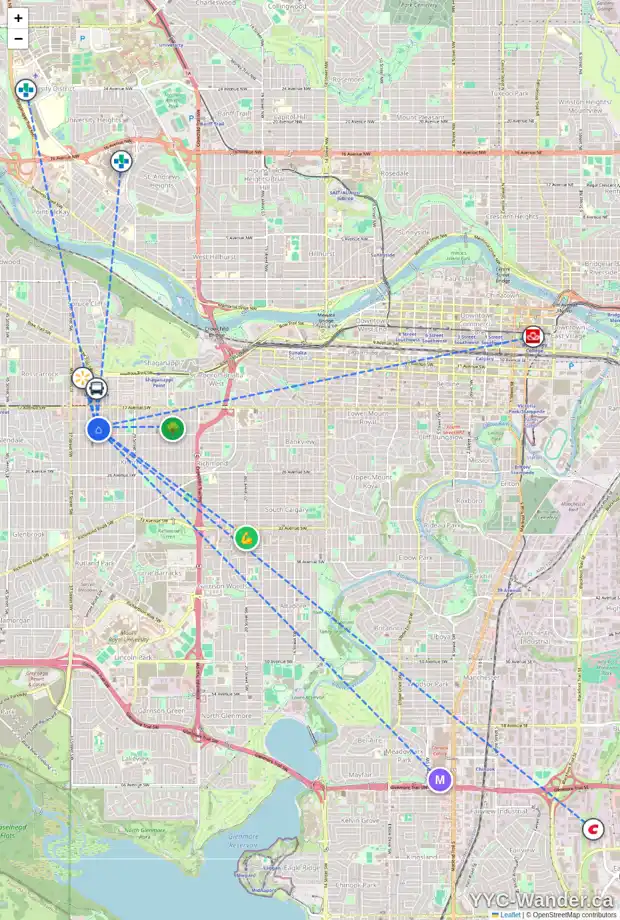 Daily accessibility map for 2022 34 ST SW, Calgary showing nearby schools, grocery stores, parks, LRT stations and nearby amenities