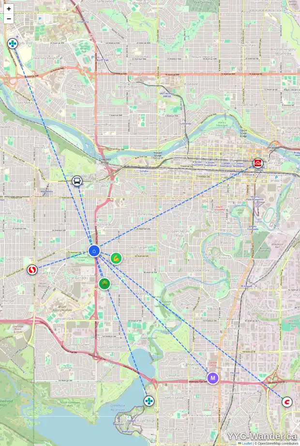 Daily accessibility map for 2520 32 AV SW, Calgary showing nearby schools, grocery stores, parks, LRT stations and nearby amenities