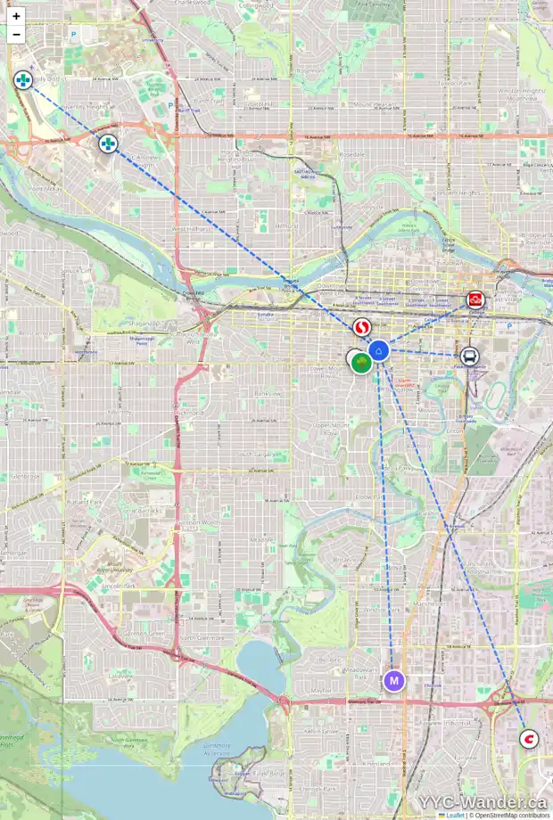 Daily accessibility map for 606 703 14 AV SW, Calgary showing nearby schools, grocery stores, parks, LRT stations and nearby amenities