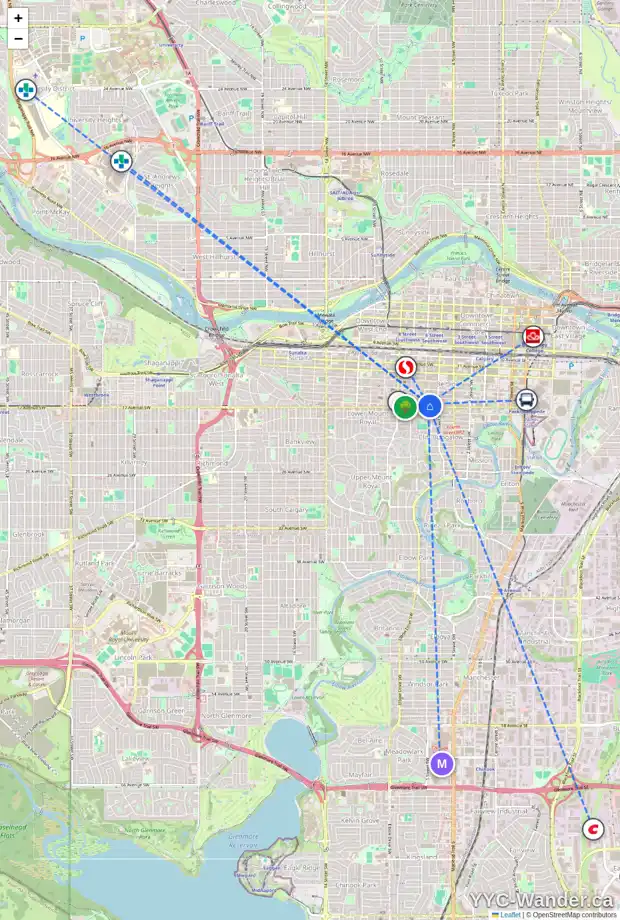 Daily accessibility map for 630 17 AV SW, Calgary showing nearby schools, grocery stores, parks, LRT stations and nearby amenities