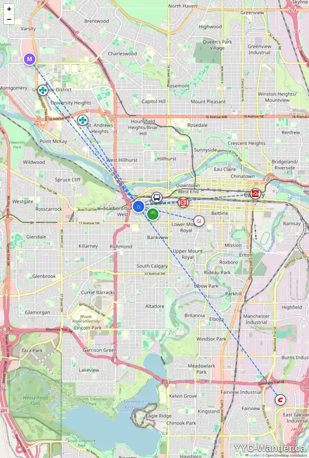 Daily accessibility map for 448 SCARBORO AV SW, Calgary showing nearby schools, grocery stores, parks, LRT stations and nearby amenities