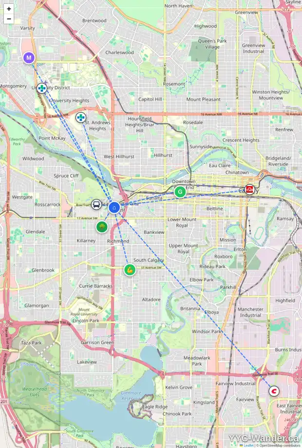 Daily accessibility map for 1408 24 ST SW, Calgary showing nearby schools, grocery stores, parks, LRT stations and nearby amenities