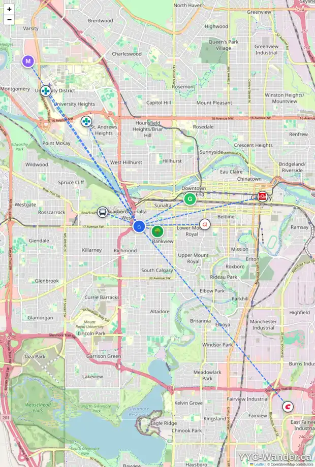 Daily accessibility map for 2138 17 AV SW, Calgary showing nearby schools, grocery stores, parks, LRT stations and nearby amenities