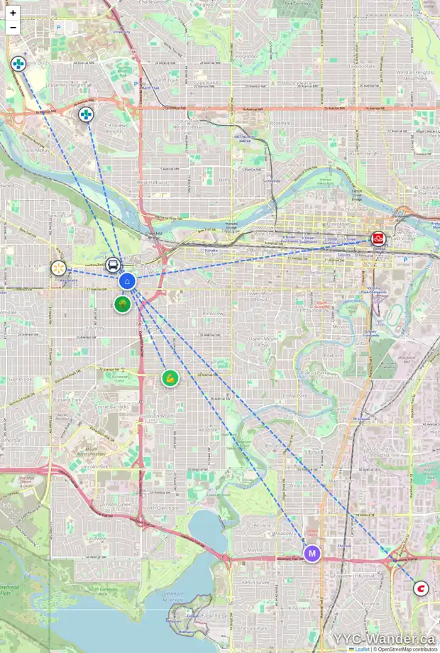 Daily accessibility map for 1708 25A ST SW, Calgary showing nearby schools, grocery stores, parks, LRT stations and nearby amenities