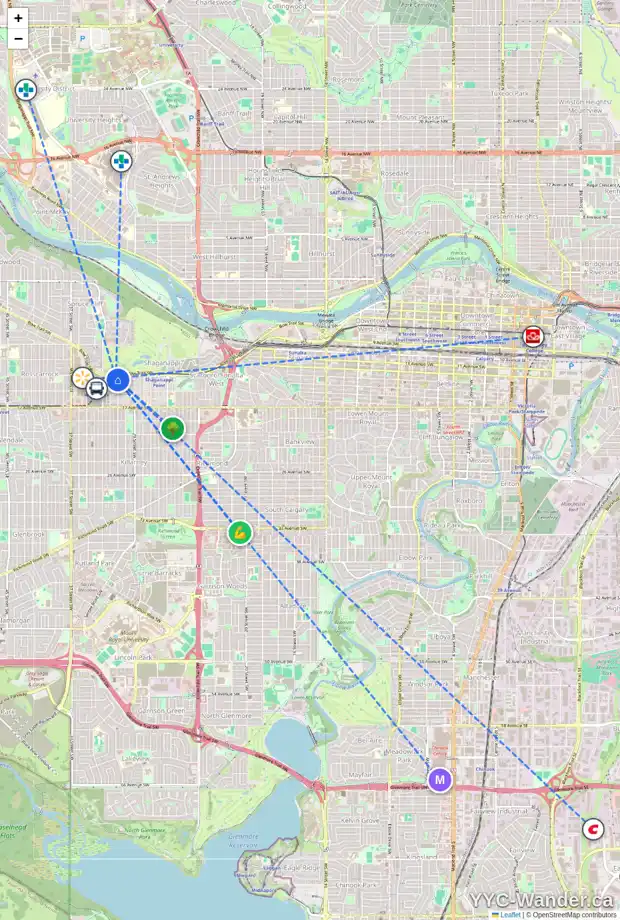 Daily accessibility map for 3203A 12 AV SW, Calgary showing nearby schools, grocery stores, parks, LRT stations and nearby amenities