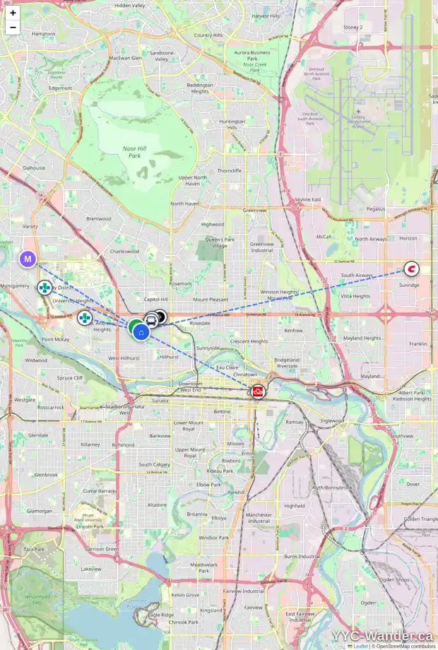 Daily accessibility map for 1217 20 ST NW, Calgary showing nearby schools, grocery stores, parks, LRT stations and nearby amenities