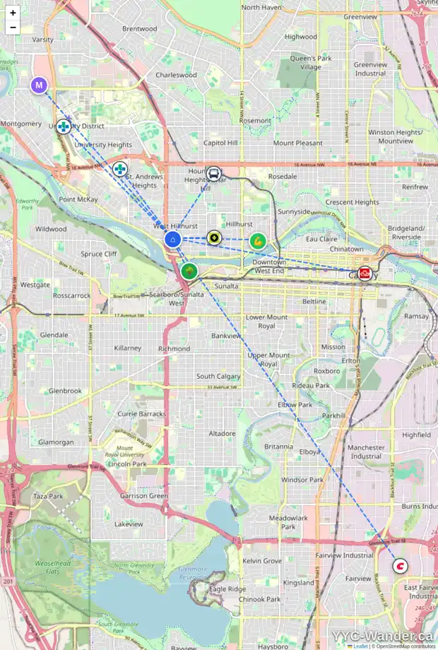 Daily accessibility map for 2 2414 KENSINGTON RD NW, Calgary showing nearby schools, grocery stores, parks, LRT stations and nearby amenities