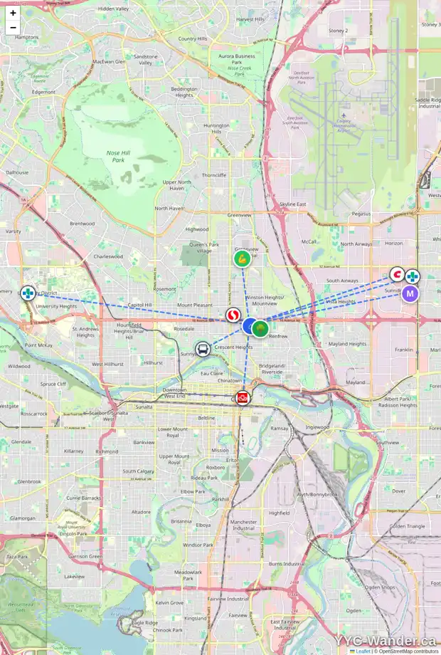 Daily accessibility map for 435 15 AV NE, Calgary showing nearby schools, grocery stores, parks, LRT stations and nearby amenities