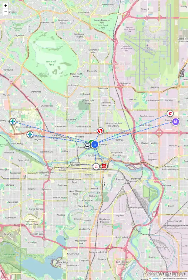 Daily accessibility map for 240 8 AV NW, Calgary showing nearby schools, grocery stores, parks, LRT stations and nearby amenities