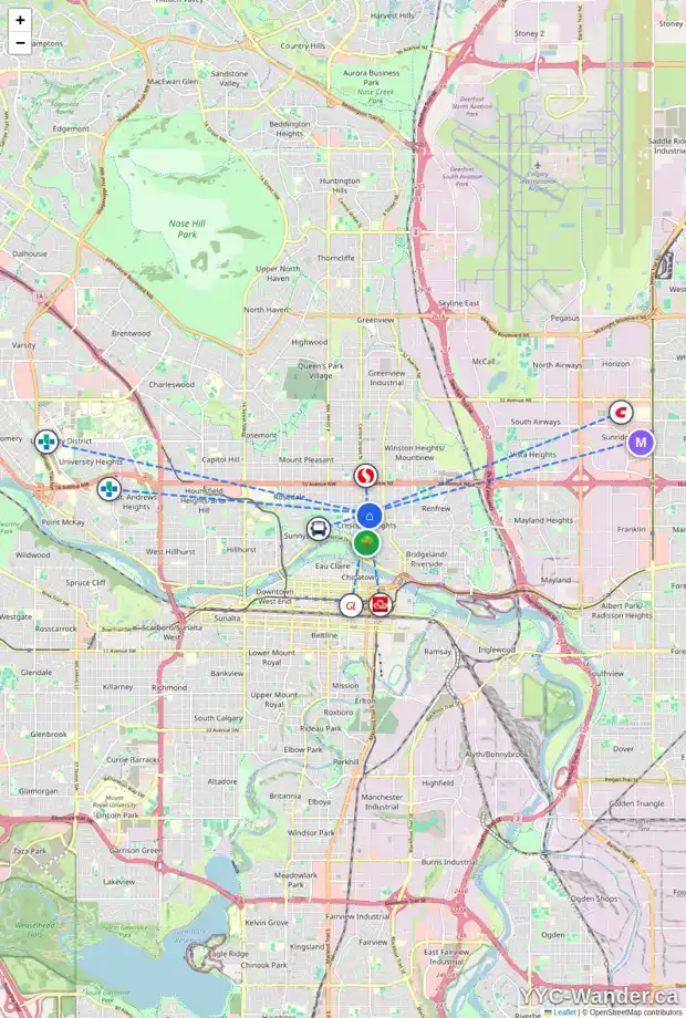 Daily accessibility map for 2 130 10 AV NE, Calgary showing nearby schools, grocery stores, parks, LRT stations and nearby amenities
