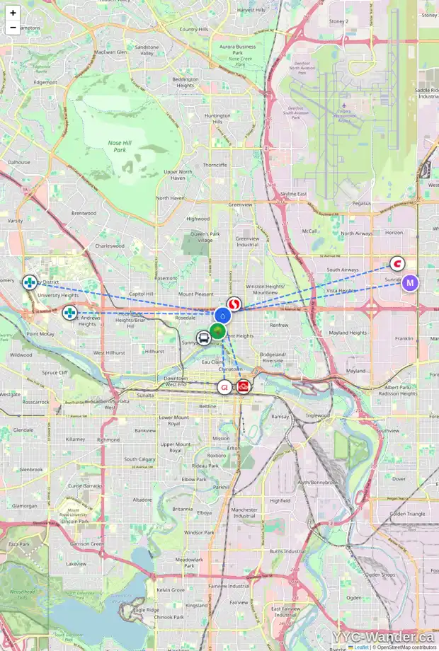 Daily accessibility map for 1431 1A ST NW, Calgary showing nearby schools, grocery stores, parks, LRT stations and nearby amenities