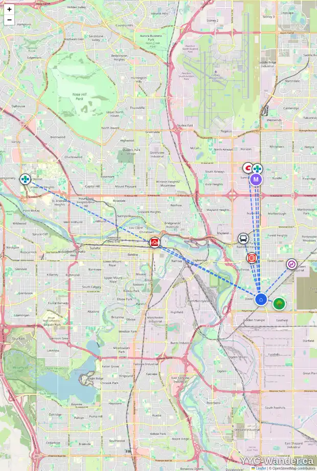 Daily accessibility map for 3647 DOVER RIDGE DR SE, Calgary showing nearby schools, grocery stores, parks, LRT stations and nearby amenities
