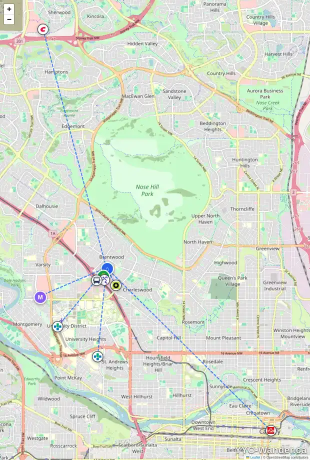Daily accessibility map for 3028 BRENTWOOD BV NW, Calgary showing nearby schools, grocery stores, parks, LRT stations and nearby amenities