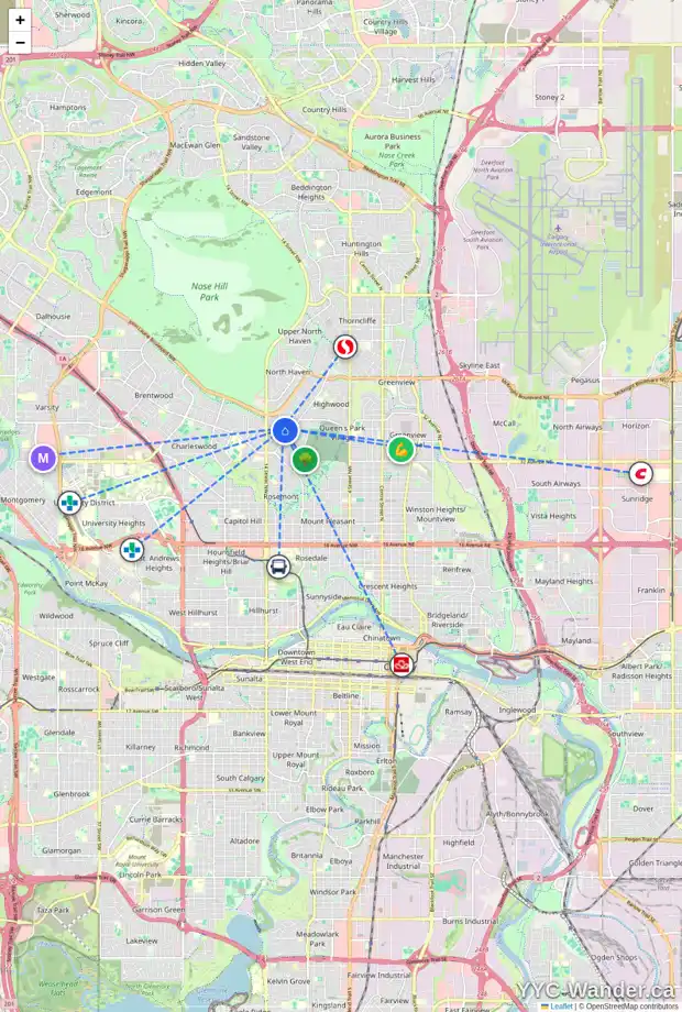 Daily accessibility map for 23 CARNARVON WY NW, Calgary showing nearby schools, grocery stores, parks, LRT stations and nearby amenities