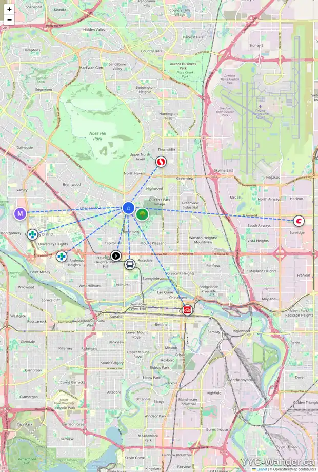 Daily accessibility map for 25 CONNAUGHT DR NW, Calgary showing nearby schools, grocery stores, parks, LRT stations and nearby amenities