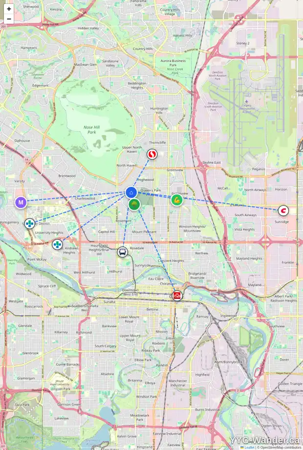 Daily accessibility map for 39 COLERIDGE RD NW, Calgary showing nearby schools, grocery stores, parks, LRT stations and nearby amenities