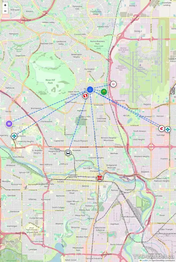 Daily accessibility map for 6016 THORNBURN DR NW, Calgary showing nearby schools, grocery stores, parks, LRT stations and nearby amenities