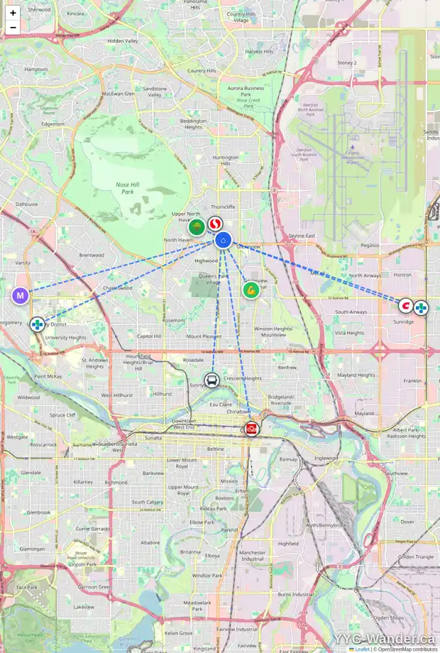 Daily accessibility map for 407 TRAFFORD DR NW, Calgary showing nearby schools, grocery stores, parks, LRT stations and nearby amenities