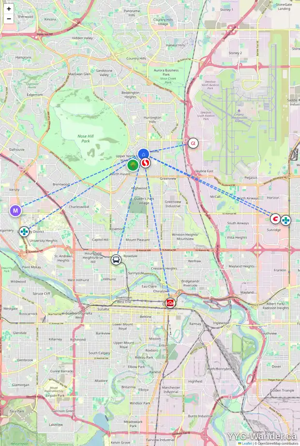 Daily accessibility map for 1011 THORNEYCROFT DR NW, Calgary showing nearby schools, grocery stores, parks, LRT stations and nearby amenities