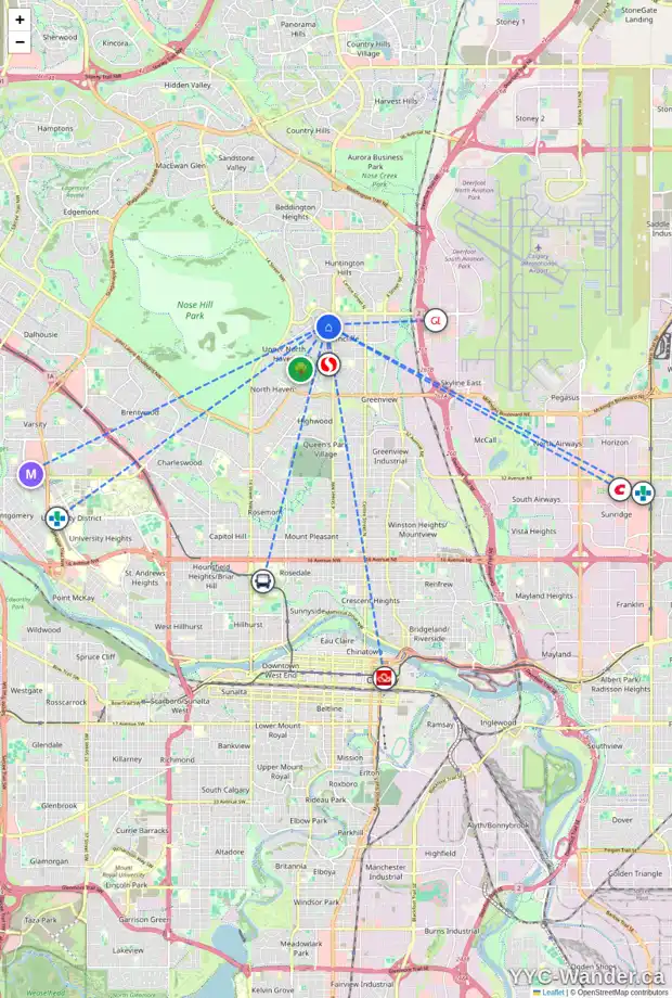 Daily accessibility map for 711 TAVENDER RD NW, Calgary showing nearby schools, grocery stores, parks, LRT stations and nearby amenities