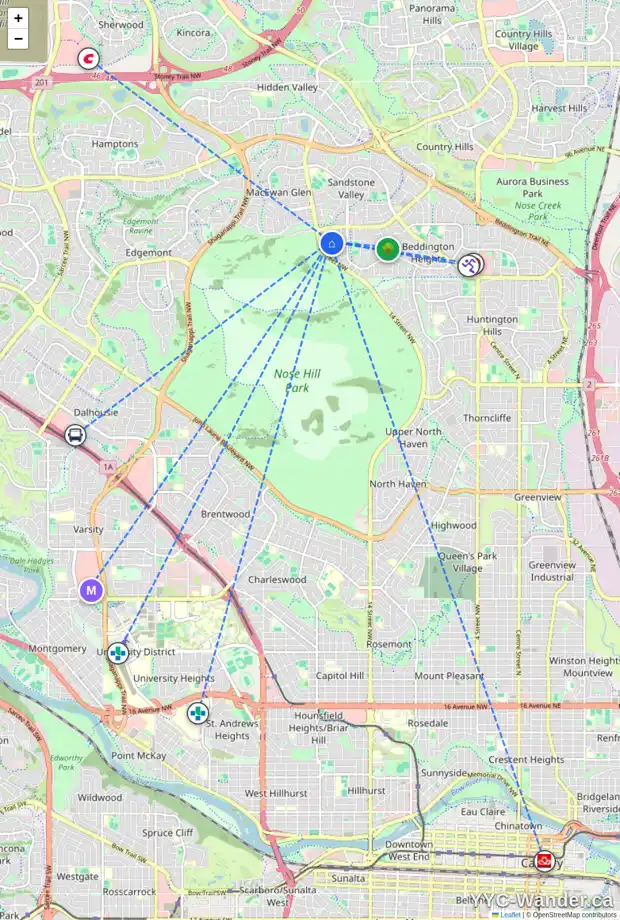 Daily accessibility map for 84 BEACONSFIELD RI NW, Calgary showing nearby schools, grocery stores, parks, LRT stations and nearby amenities
