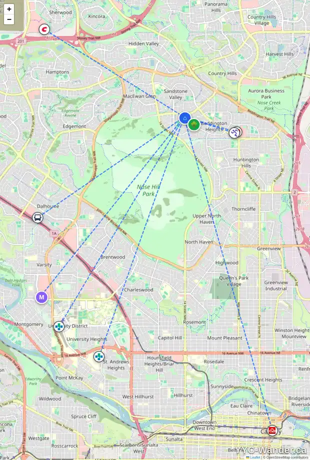 Daily accessibility map for 47 BEARBERRY PL NW, Calgary showing nearby schools, grocery stores, parks, LRT stations and nearby amenities
