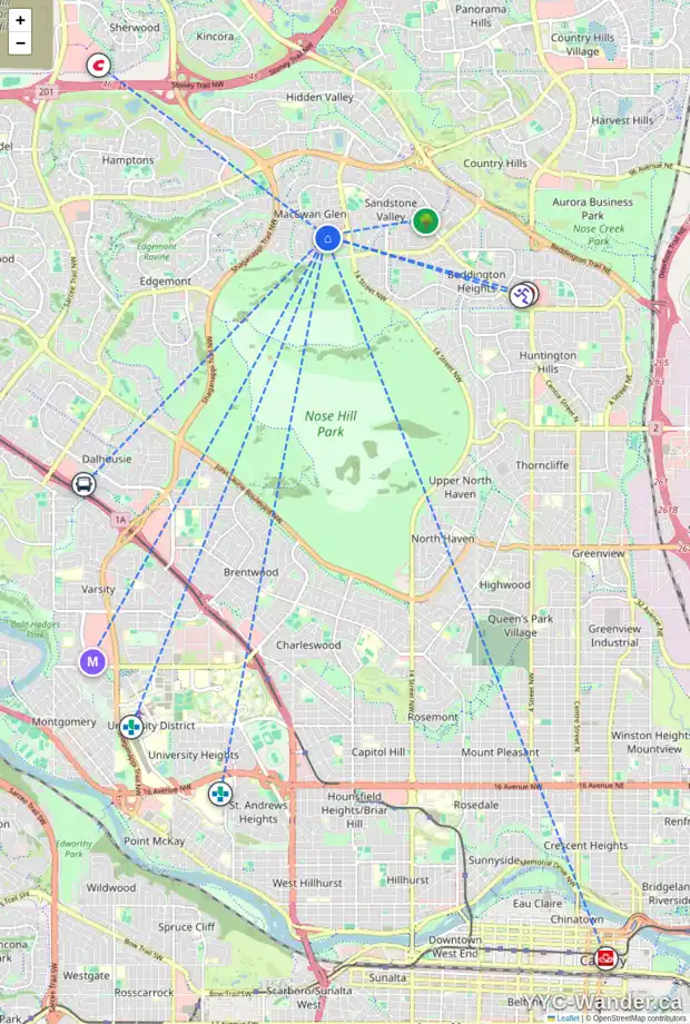 Daily accessibility map for 87 MACEWAN DR NW, Calgary showing nearby schools, grocery stores, parks, LRT stations and nearby amenities